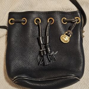 Dooney & Bourke Dark Navy Black Drawstring Leather Bucket Bag with Gold Accents